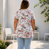 Florenza – Women's Floral Pleated Henley Tunic Top, Flowy Short Sleeve V-Neck Button Up Shirt for Jeans