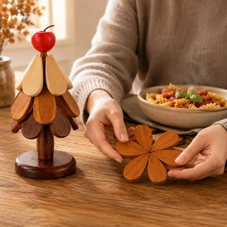 Pinecrest – Wooden Christmas Tree Trivet Set with Gravity-Fold Feathers