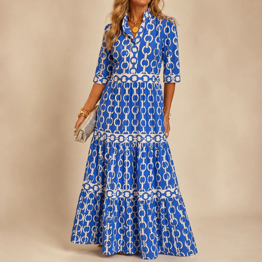 Verella – Chain-Print Tiered Maxi Dress with Pockets & V-Neck
