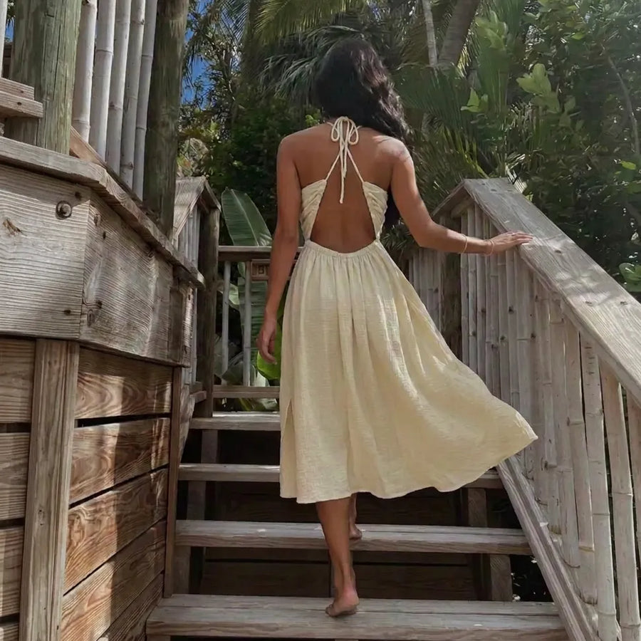 Solvenya – V-Neck Halter Maxi Dress with Cutout and Slit