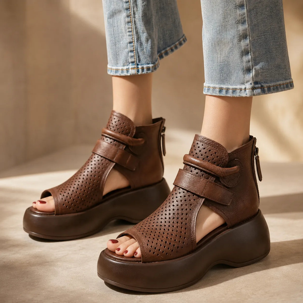 Terracora – Cut Out Platform Sandals with Back Zip, Cognac Espresso Beige