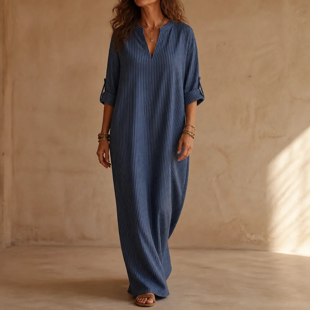 Vestara – Boho Striped V-Neck Maxi Dress with Pockets, Long Sleeves