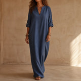 Vestara – Boho Striped V-Neck Maxi Dress with Pockets, Long Sleeves