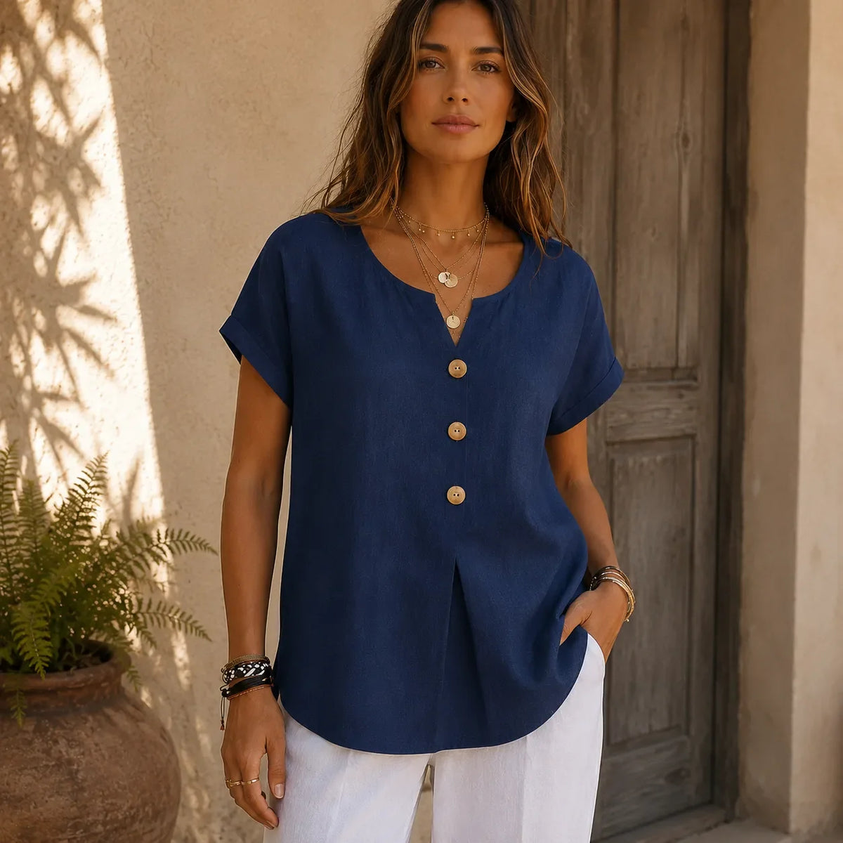 Lyneva – Linen-Look V-Neck Button Top for Women, Relaxed Casual Short-Sleeve Blouse
