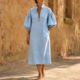 Solvana – Half-Zip Puff Sleeve Loose Midi Dress with Pockets