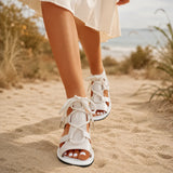 Solvia – Croc-Textured Lace-Up Flat Gladiator Sandals for Women