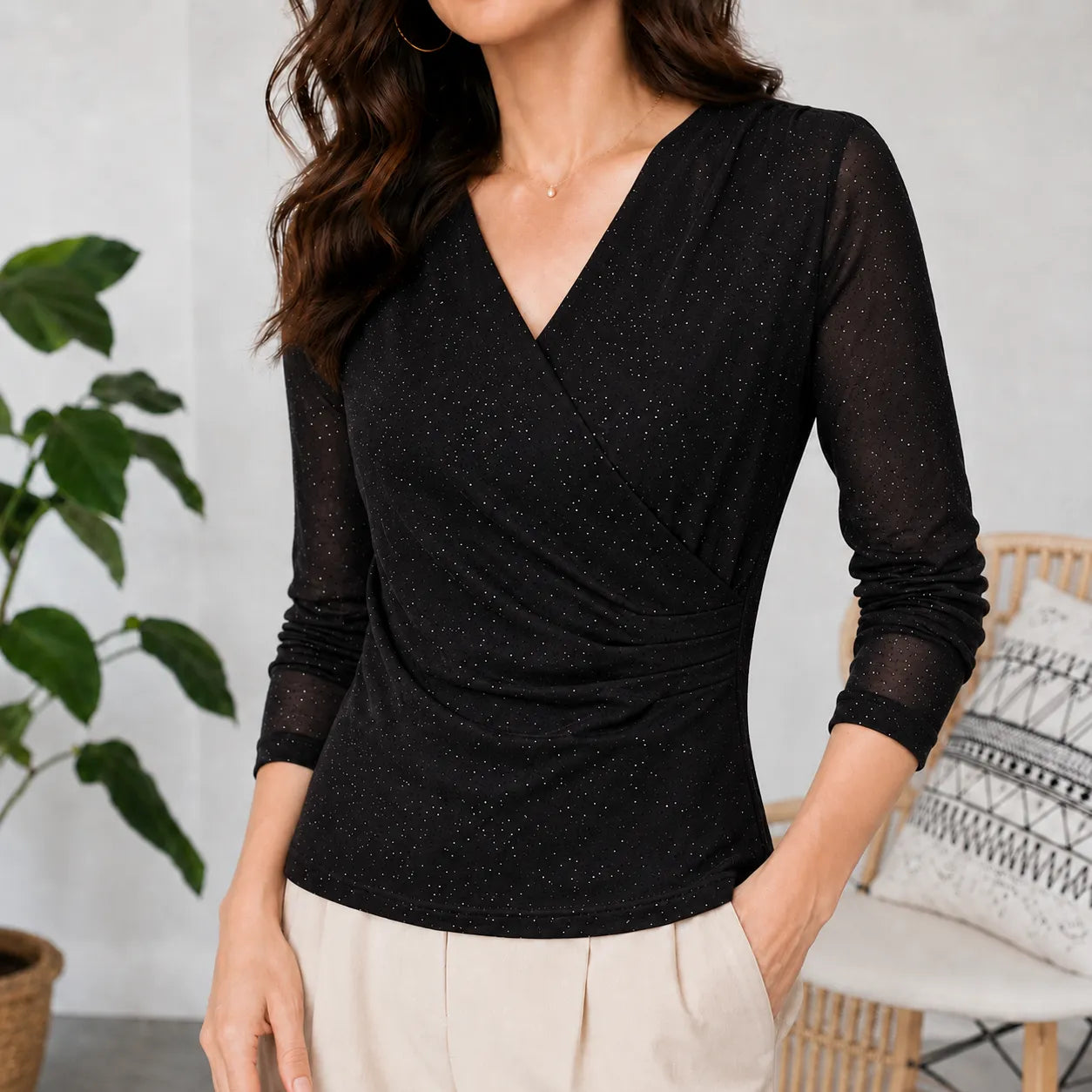 Solavia – Sparkle Ruched Crossover V-Neck Top with Sheer Mesh Sleeves