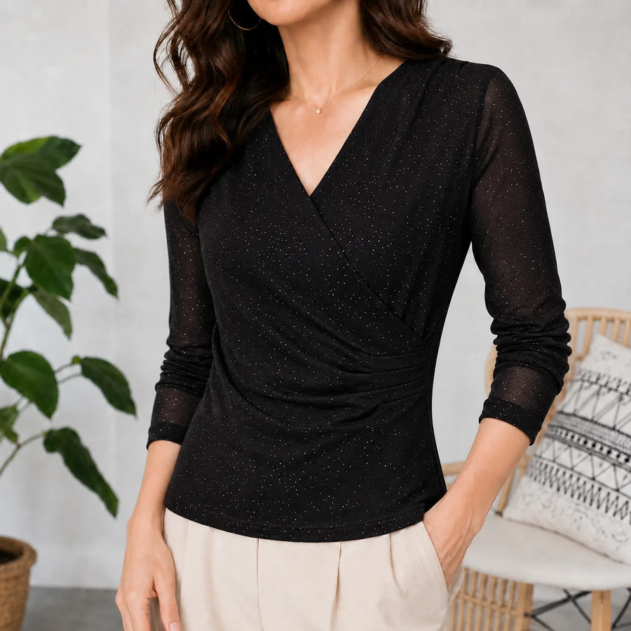 Solavia – Sparkle Ruched Crossover V-Neck Top with Sheer Mesh Sleeves
