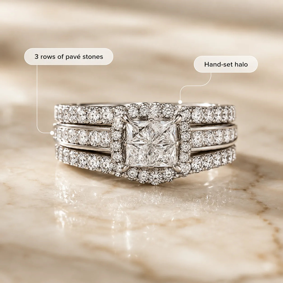 Lunavia – Princess Cut Cubic Zirconia Statement Ring with Triple Pavé Band