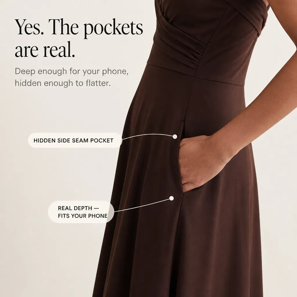 Vellora – Ruched Sweetheart Midi Dress with Pockets