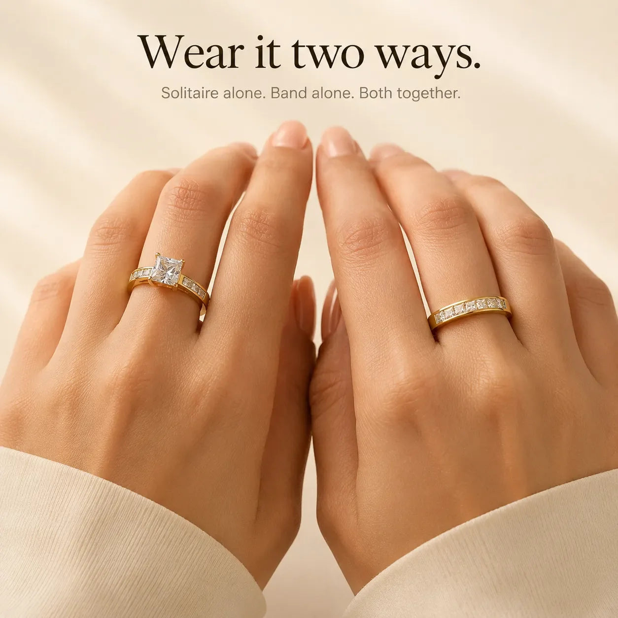 Aurelys – Matching 2-Piece Cubic Zirconia Ring Set, Princess-Cut Stackable Bridal Style, Gold or Silver Tone