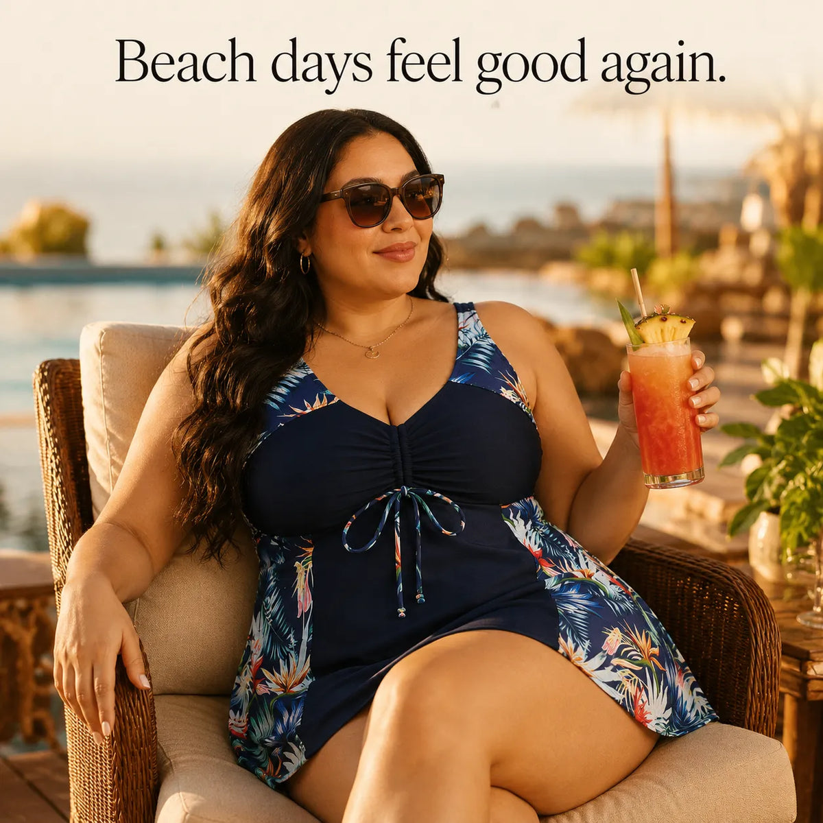 Solmara – Plus Size Printed Swimdress with Built-in Shorts, V-Neck Tie-Front
