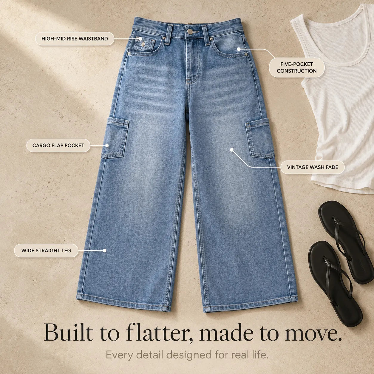 Marelle – Wide Leg Cargo Jeans for Women, Light Wash Straight Cut