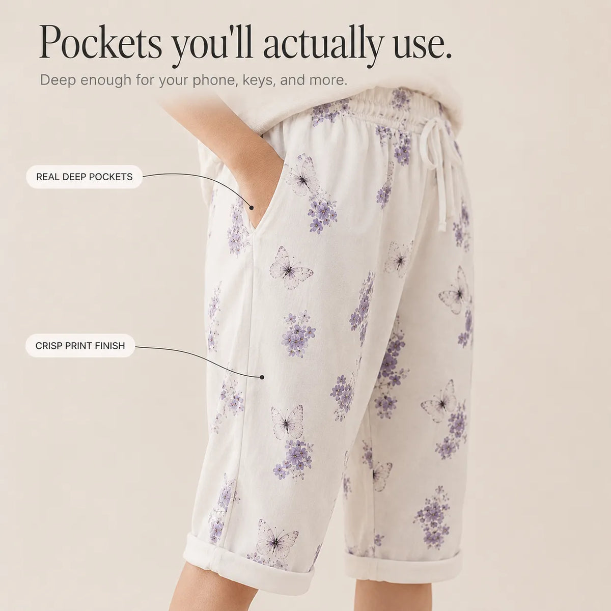 Solavia – Women's Cropped Drawstring Pants with Pockets, Printed Summer Style
