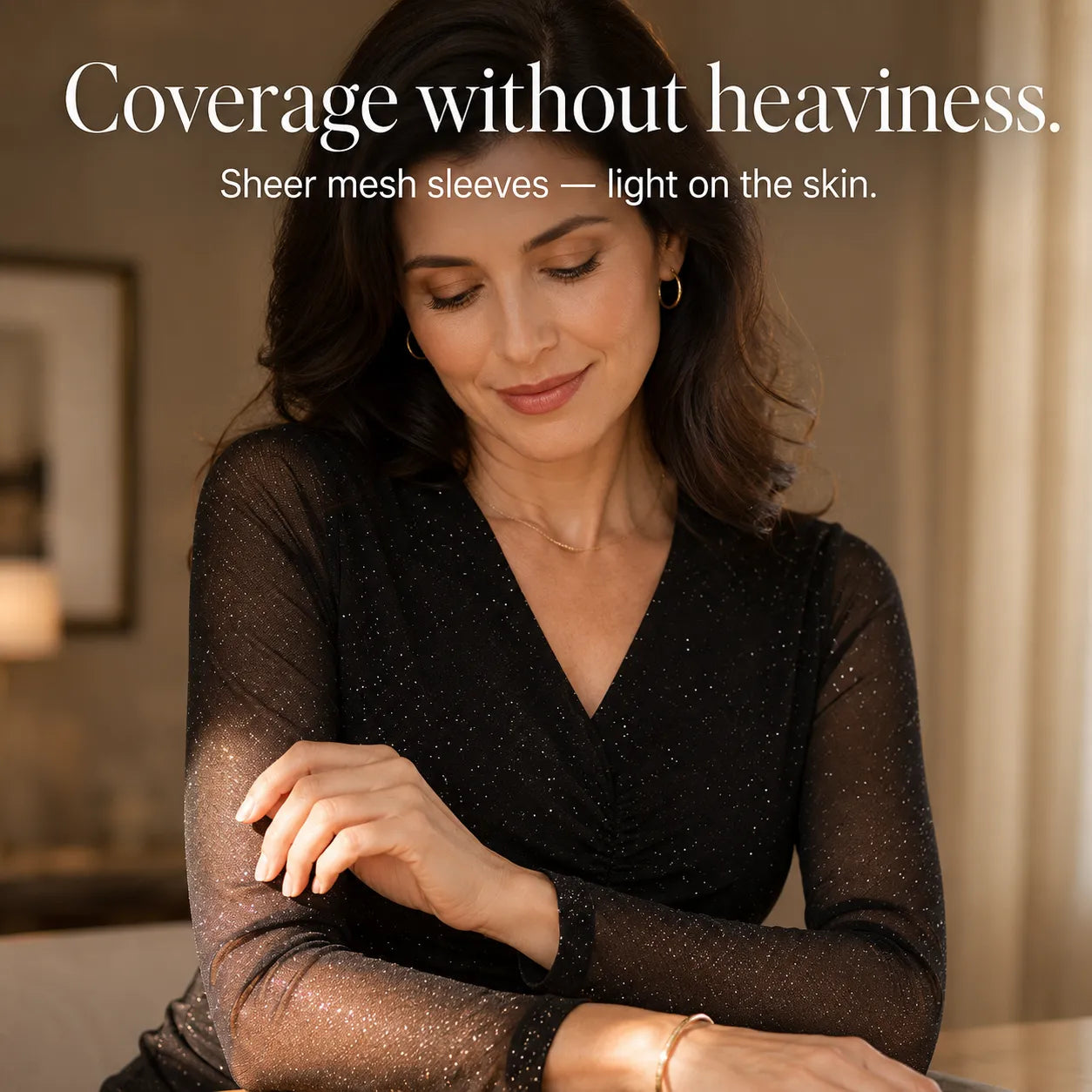 Solavia – Sparkle Ruched Crossover V-Neck Top with Sheer Mesh Sleeves