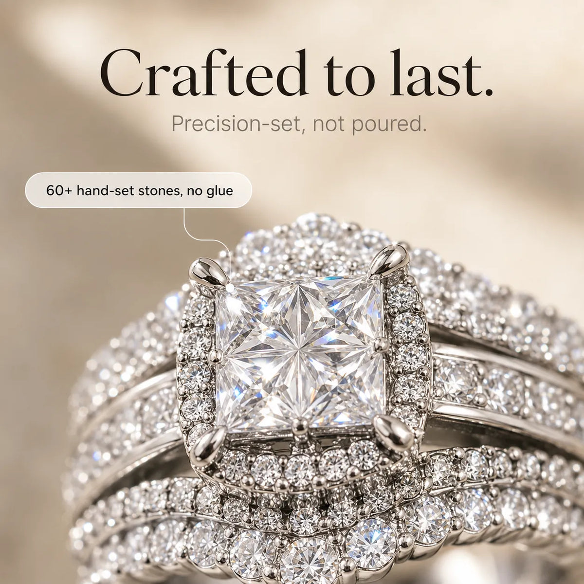 Lunavia – Princess Cut Cubic Zirconia Statement Ring with Triple Pavé Band