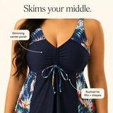 Solmara – Plus Size Printed Swimdress with Built-in Shorts, V-Neck Tie-Front