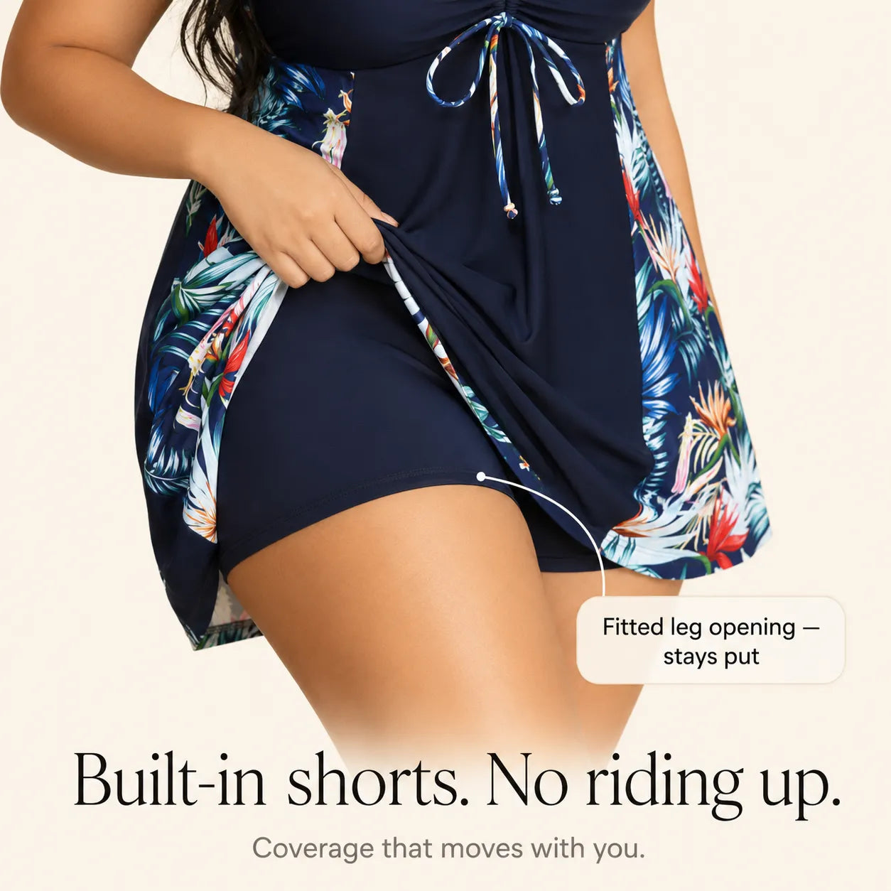 Solmara – Plus Size Printed Swimdress with Built-in Shorts, V-Neck Tie-Front