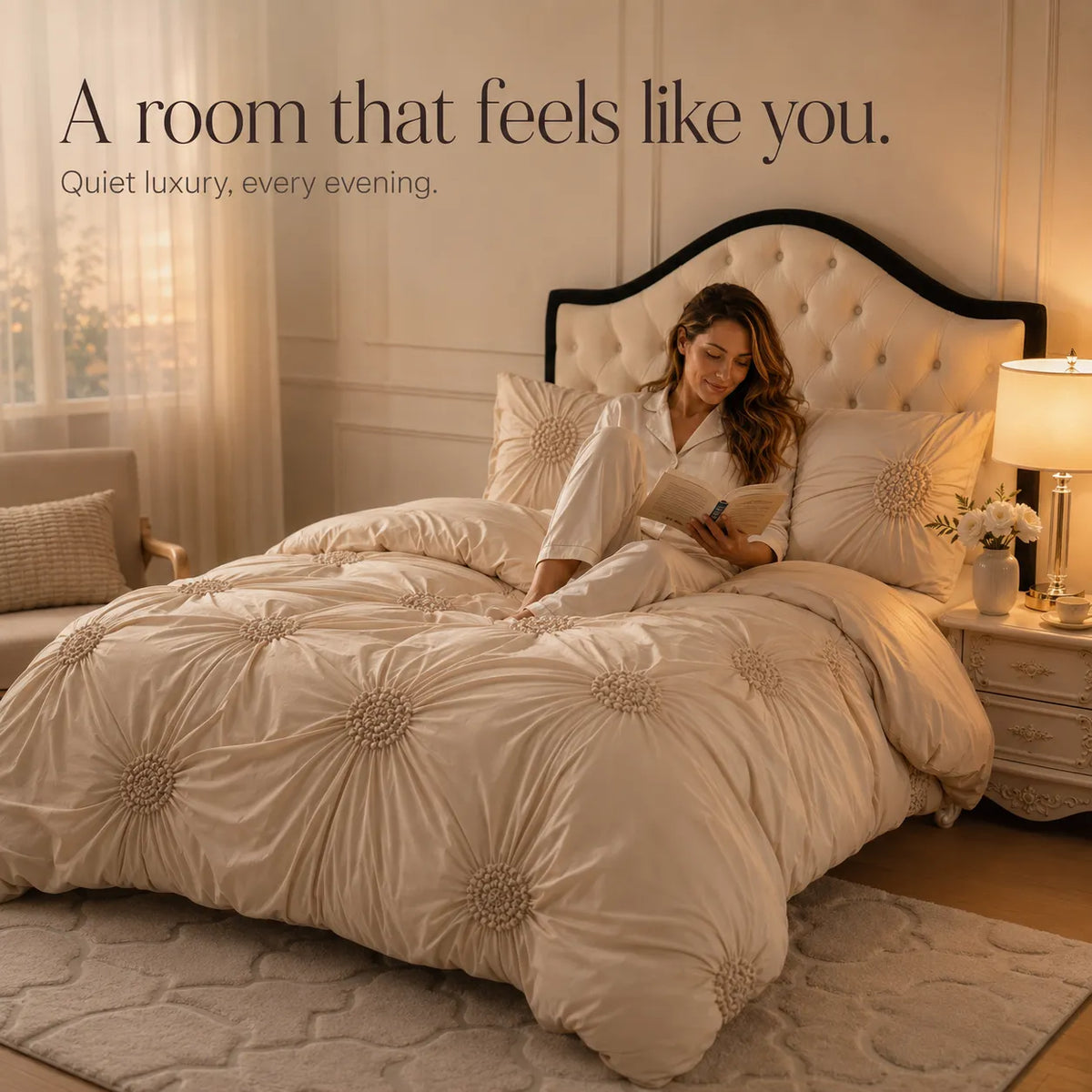 Lunavia – Ivory Tufted Rosette Comforter Cover Set with Shams