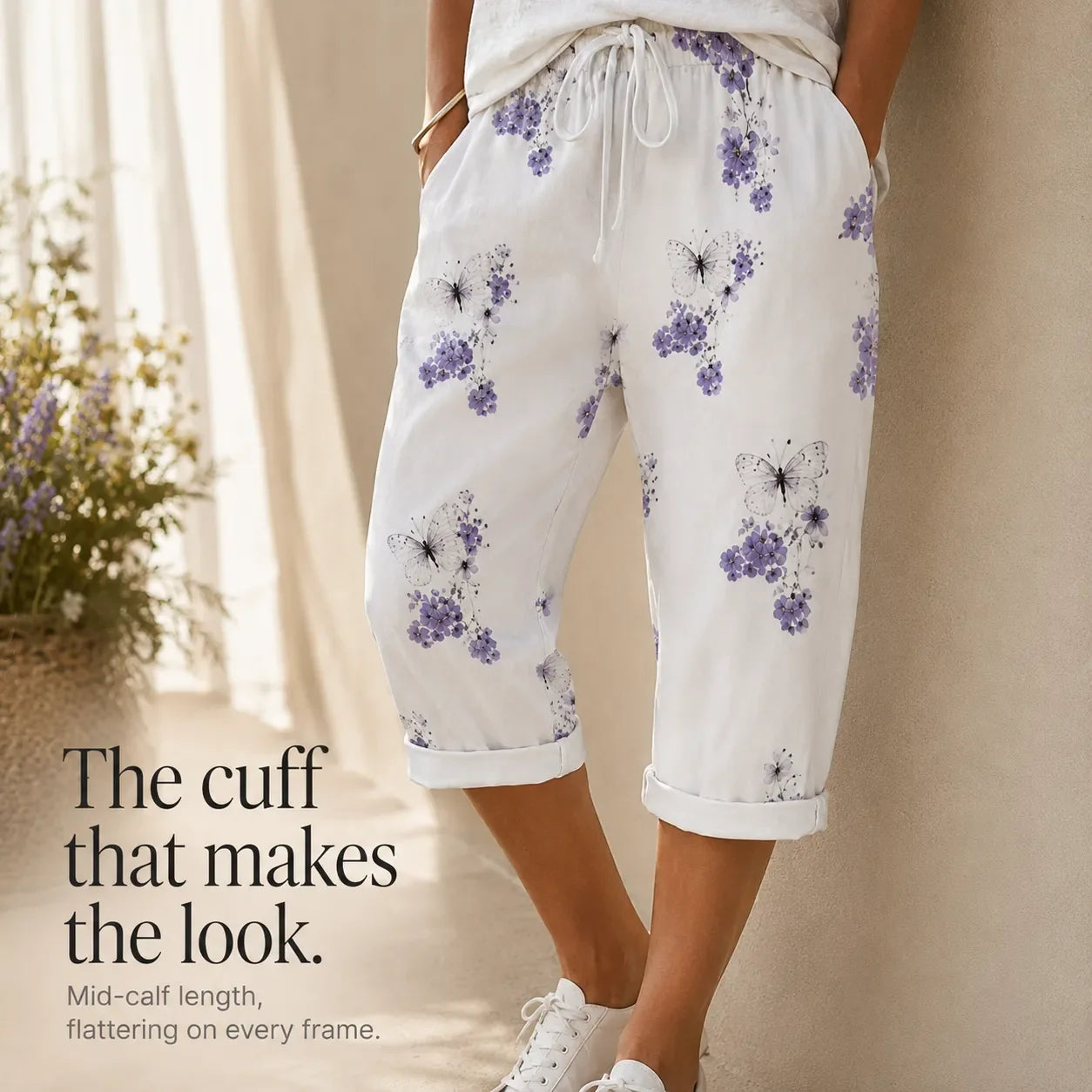 Solavia – Women's Cropped Drawstring Pants with Pockets, Printed Summer Style