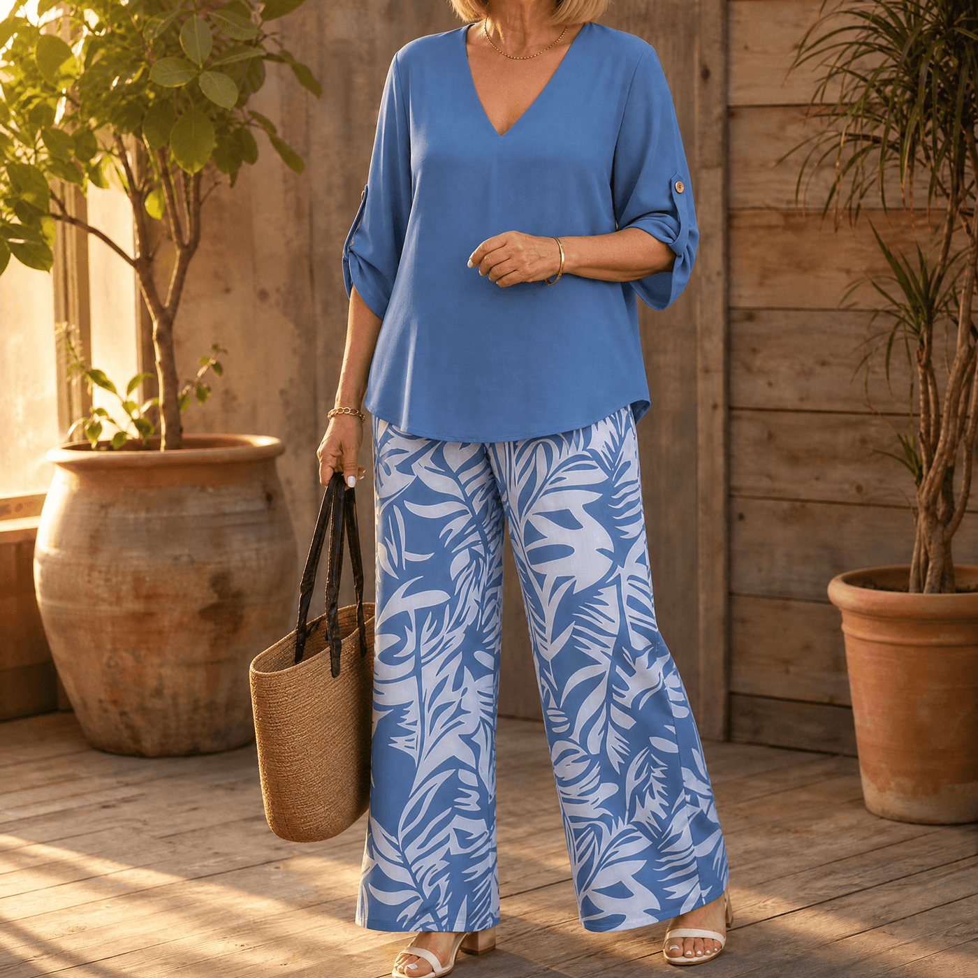 Lark & Palm – Women's V-Neck Top & Leaf-Print Wide-Leg Pants Set