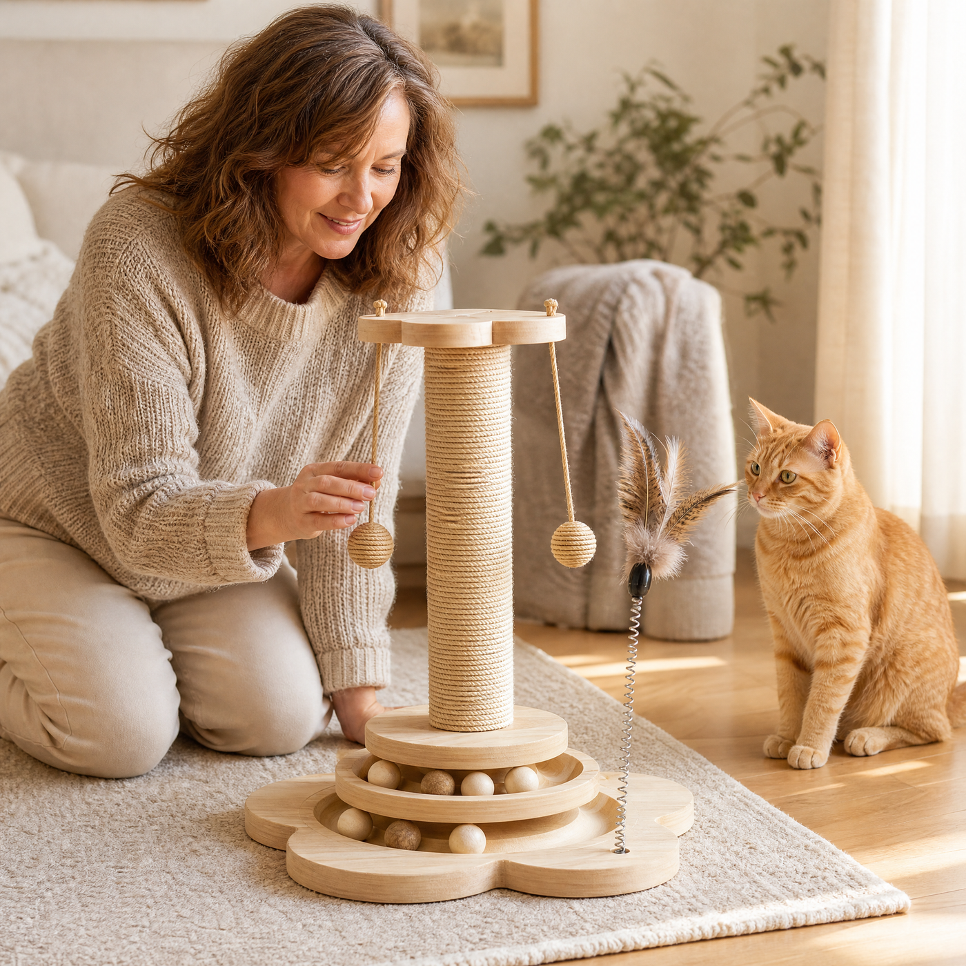 Purrch 3-in-1 Cat Scratching Post with Ball Track and Feather Wand