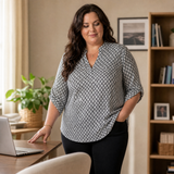 Lunavia – Women's Geometric V-Neck Blouse with Roll-Tab Sleeves