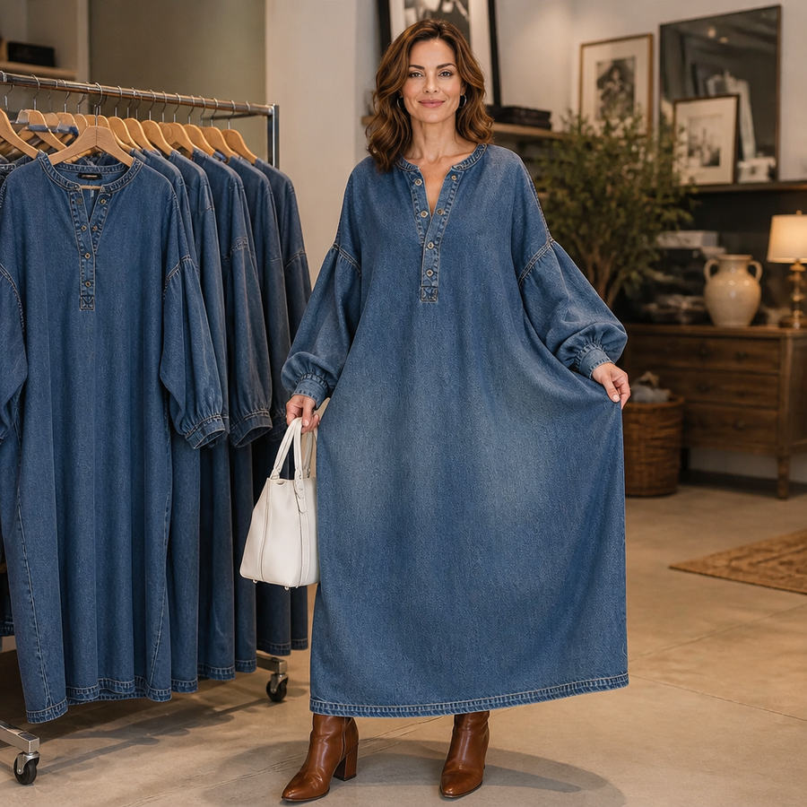 Denara – Denim Maxi Dress That Moves And Still Holds Its Shape
