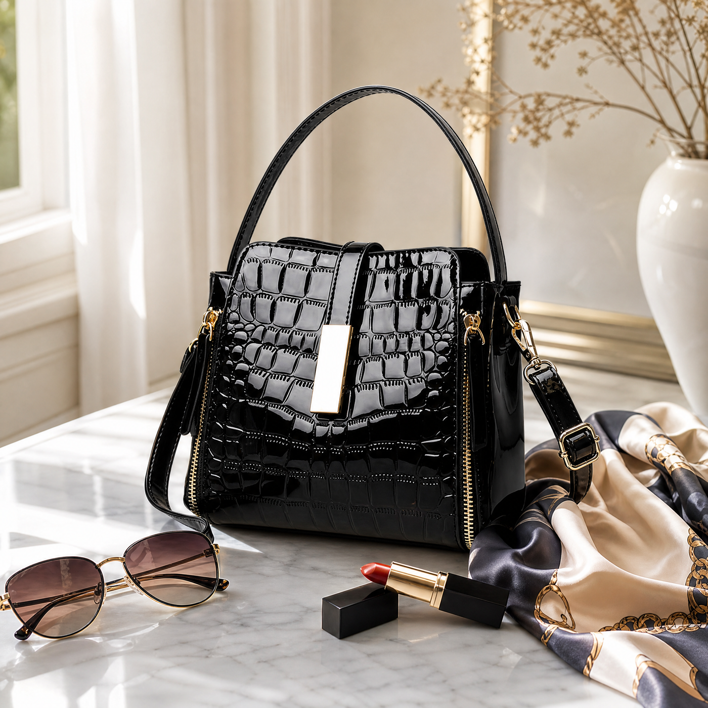 Velora – Glossy Croc Crossbody Handbag