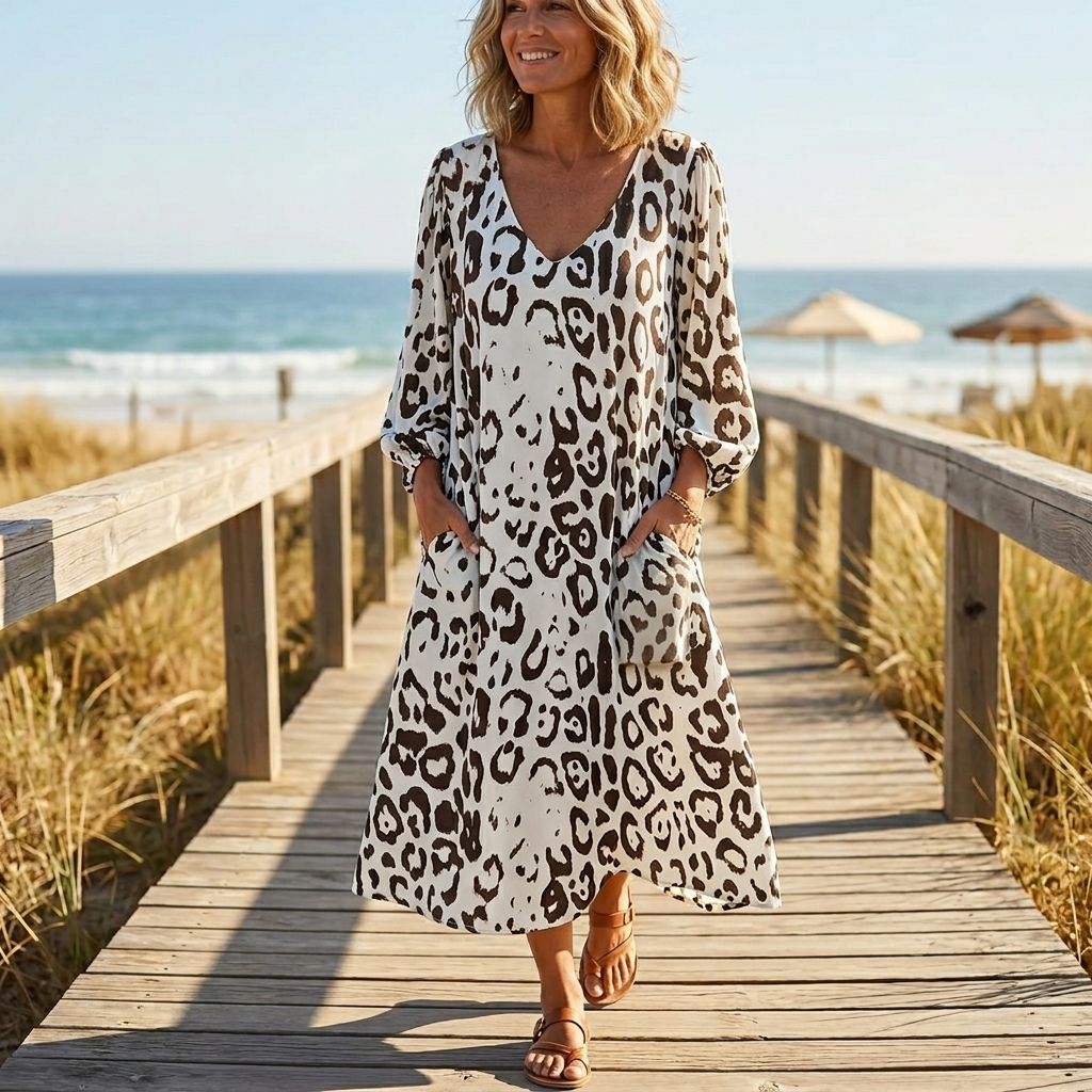 Vivara – Leopard Print V Neck Pocket Dress