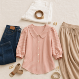 Solène – Women's Striped Sailor Collar Blouse with Puff Sleeves