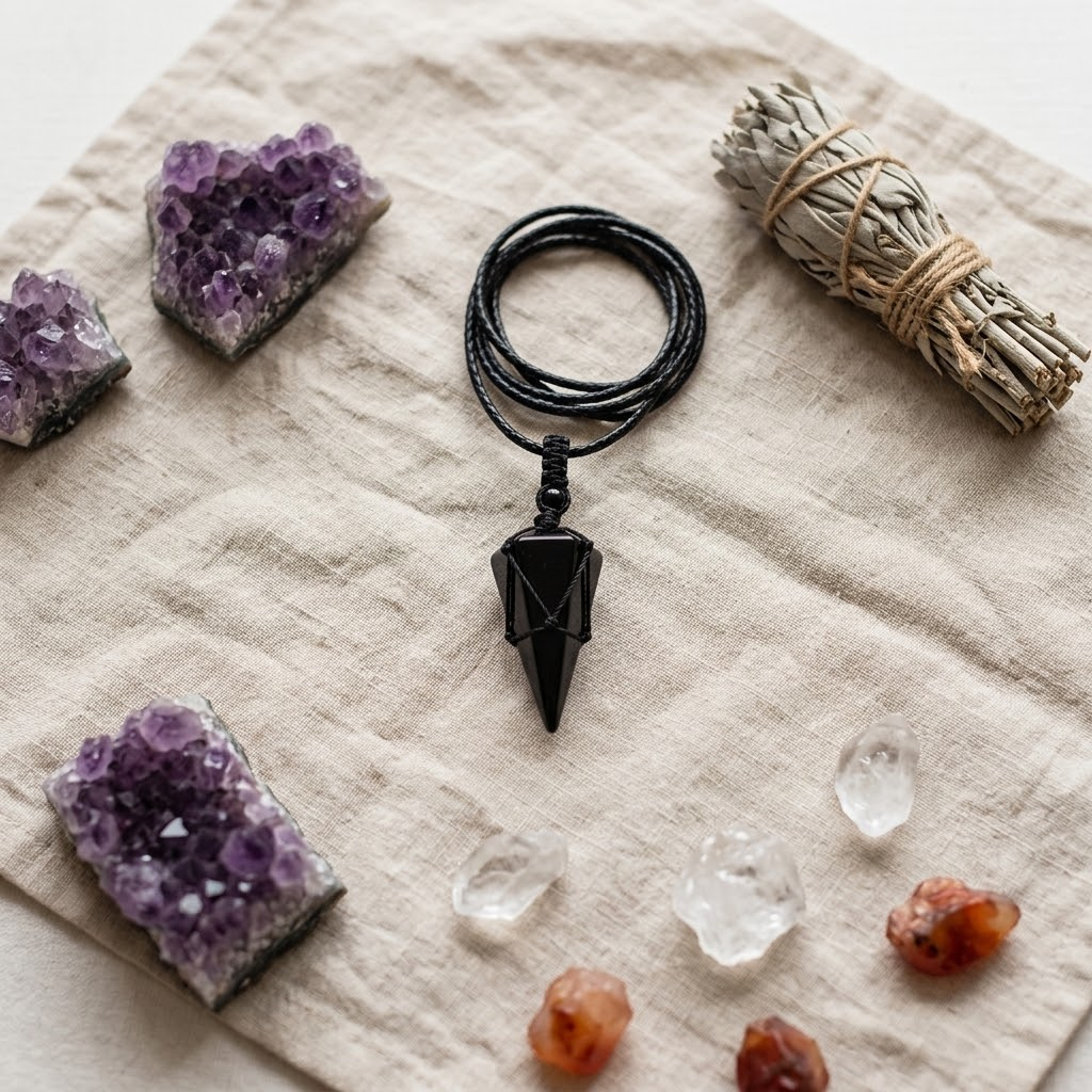 Noctera – Macramé-Wrapped Obsidian Pendant