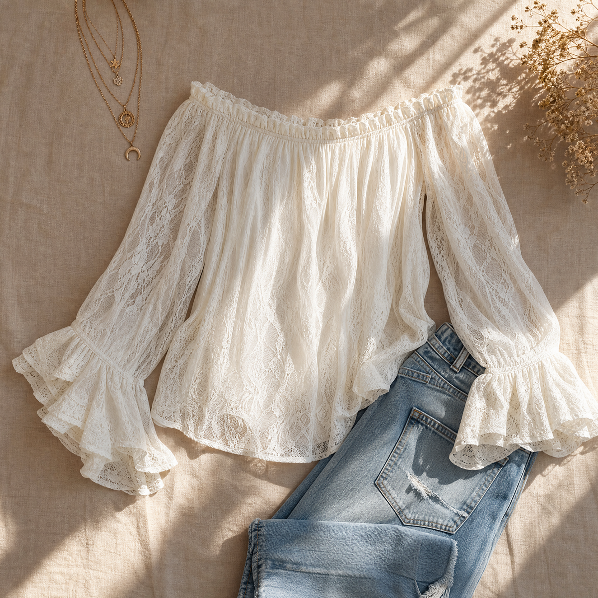 Veluna - Off-Shoulder Lace Blouse with Bell Sleeves