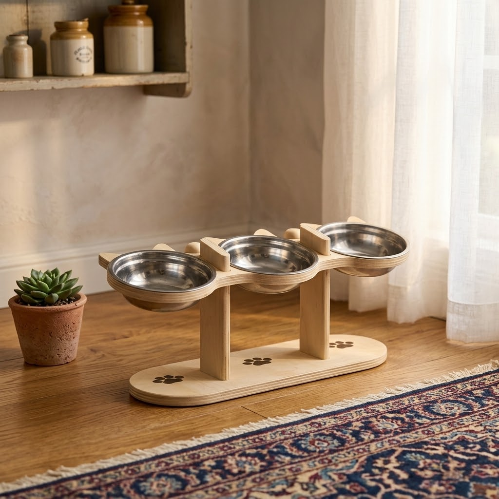 PawNest – 3-Bowl Wooden Pet Feeding Station