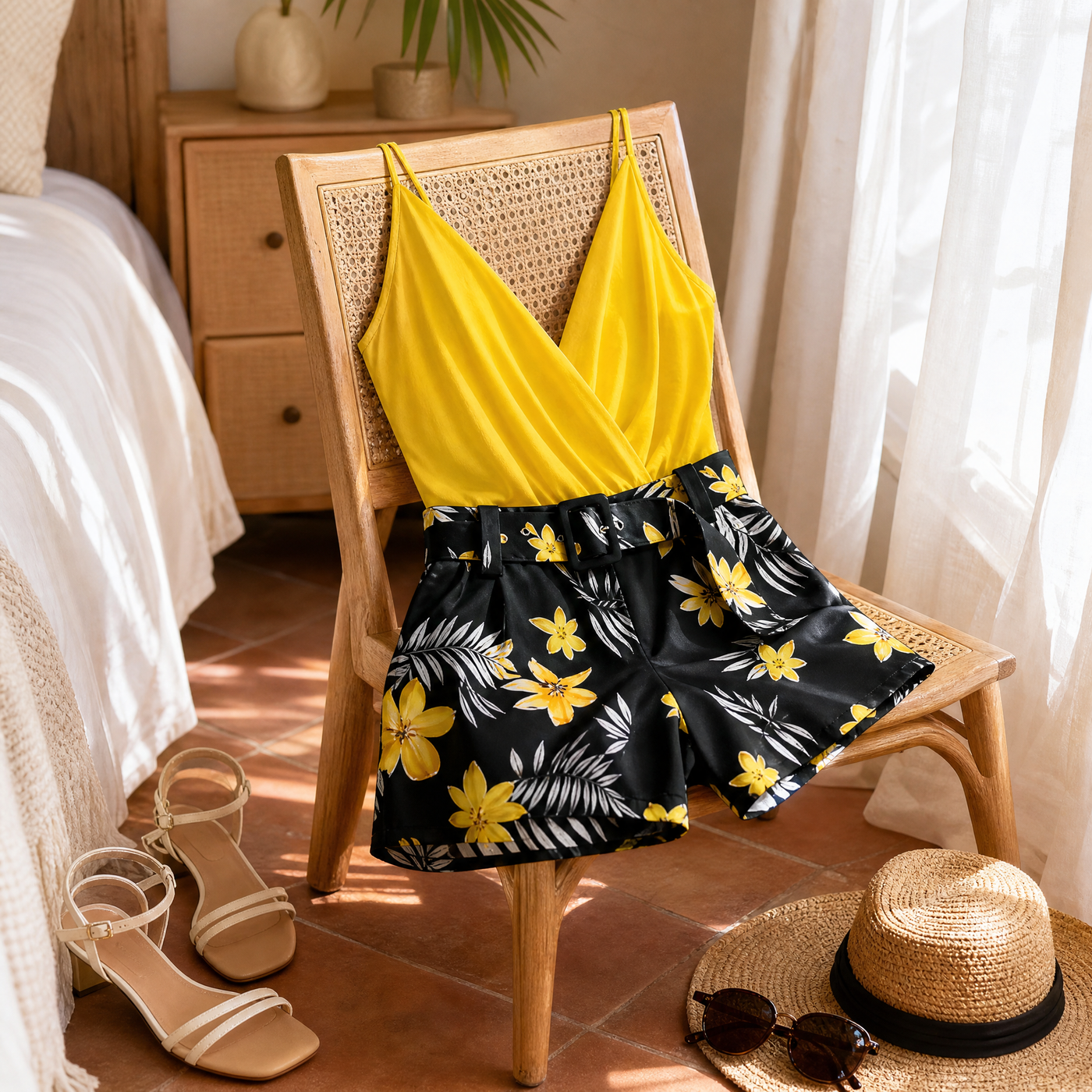 Moxivara - Women's Wrap V-Neck Summer Set with Floral Shorts