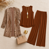 Trielle – Women's 3-Piece Printed Pantsuit Set, Duster, Shell and Wide-Leg Pants