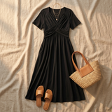 Veluna – Crossover V-Neck Midi Dress with Pockets