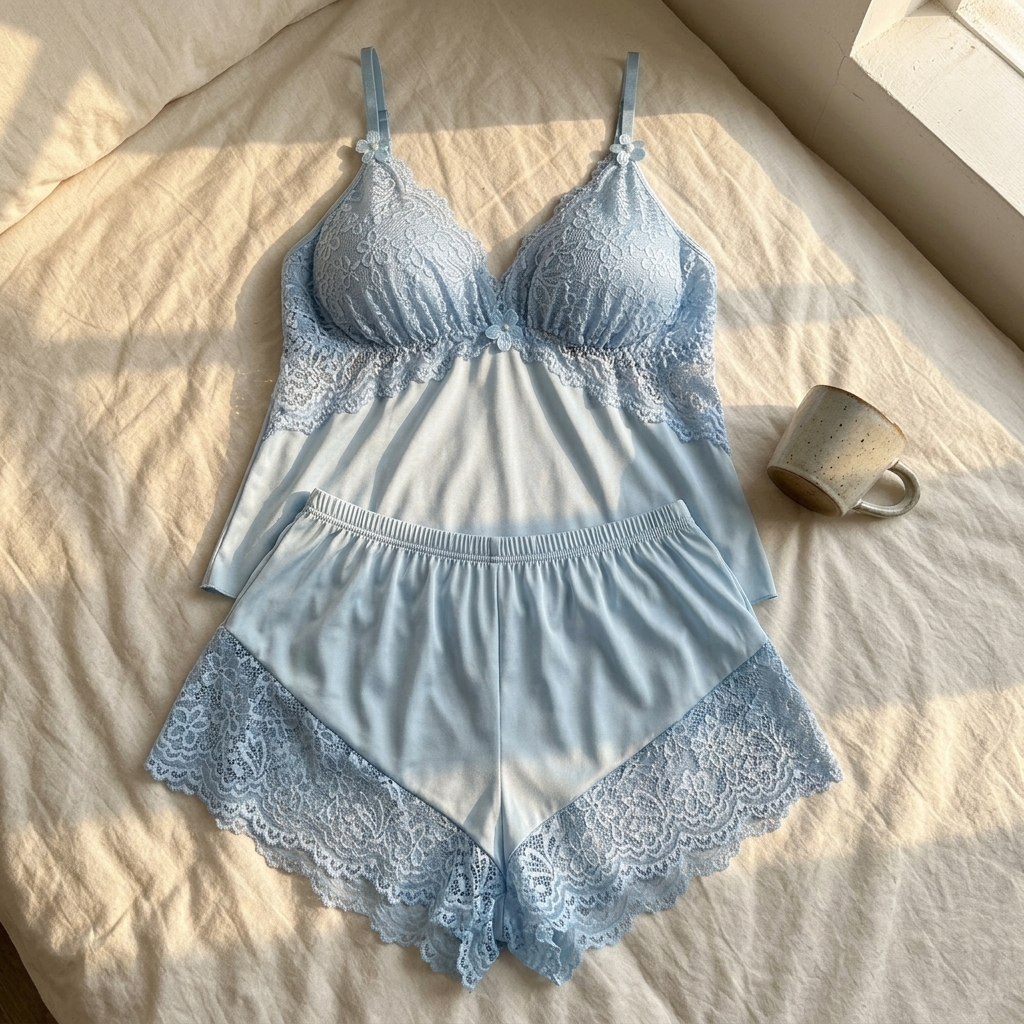 Lunessa – Lace Trim Satin Pajama Set