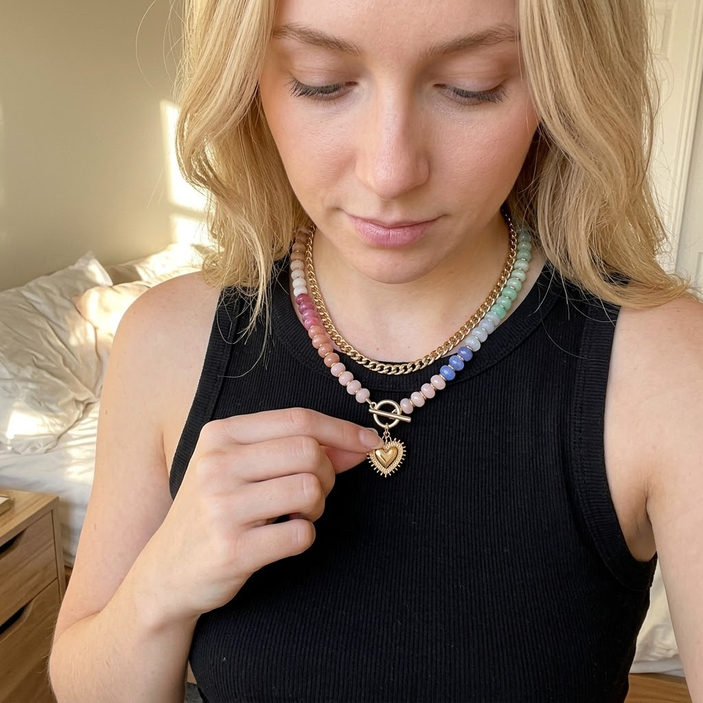 Lunavia – Pastel Bead Layered Necklace with Gold Heart