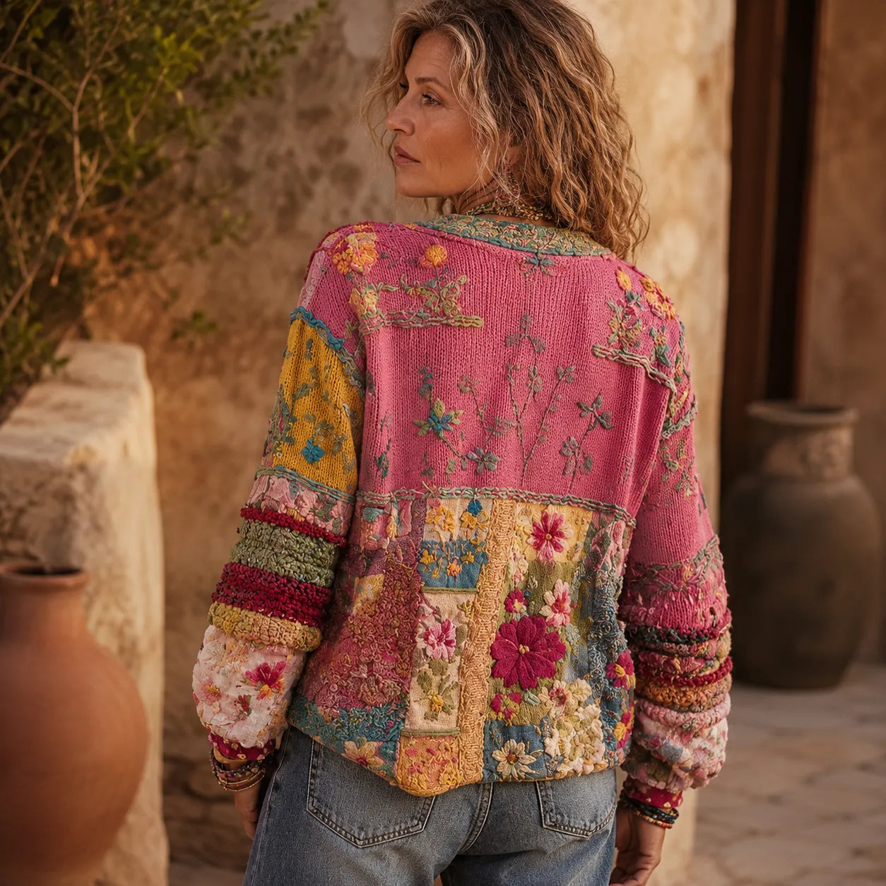 Solenne – Embroidered Look Floral Patchwork Boho Cardigan