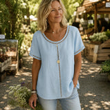 Marellia – Boho Openwork Trim Tunic Top for Women, Relaxed Fit Short Sleeve Summer Blouse