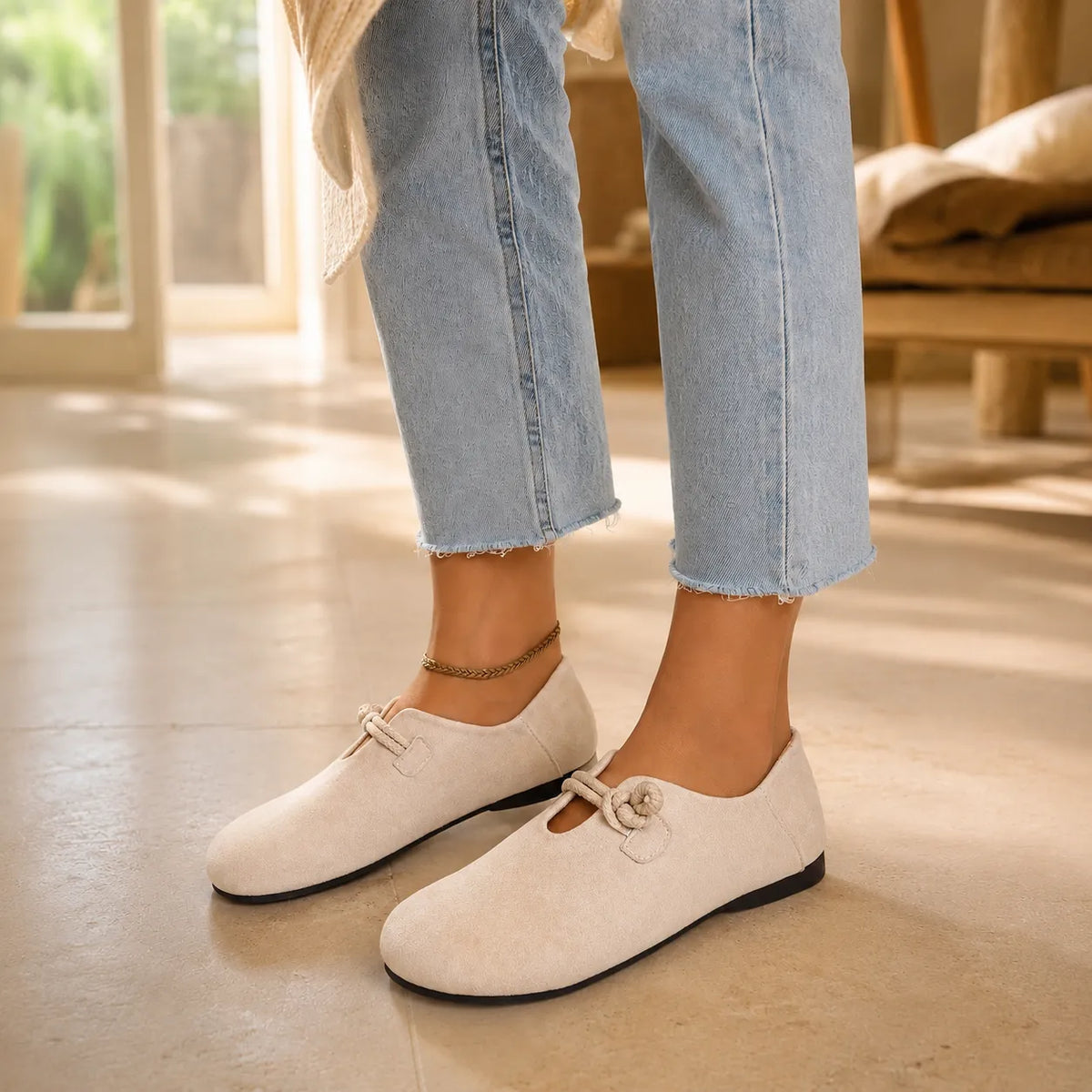 Solette – Knot Strap Suede-Look Mary Jane Flats for Women