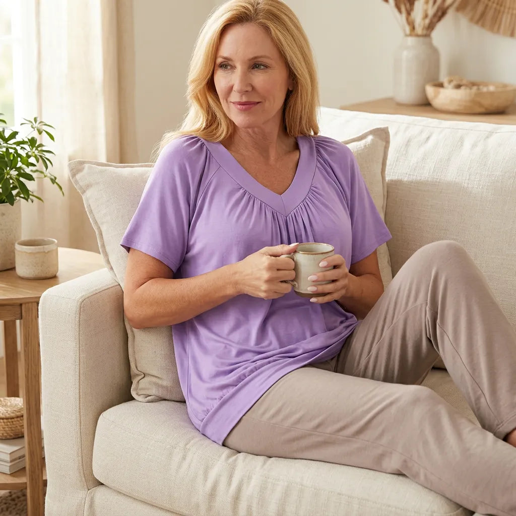 Velora – Pleated V-Neck Tunic Top for Women, Soft Drape Casual Blouse