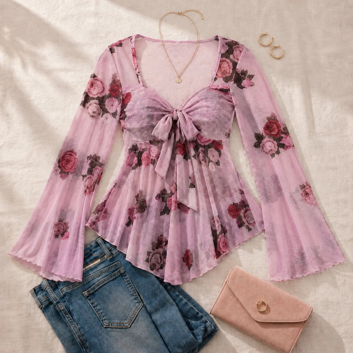 Roselyn – Floral tie-front bell sleeve mesh blouse
