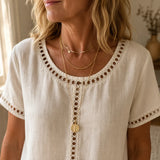 Marellia – Boho Openwork Trim Tunic Top for Women, Relaxed Fit Short Sleeve Summer Blouse