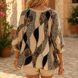 Sorelia – Mixed Print Patchwork Blouse, Leopard & Paisley V Neck