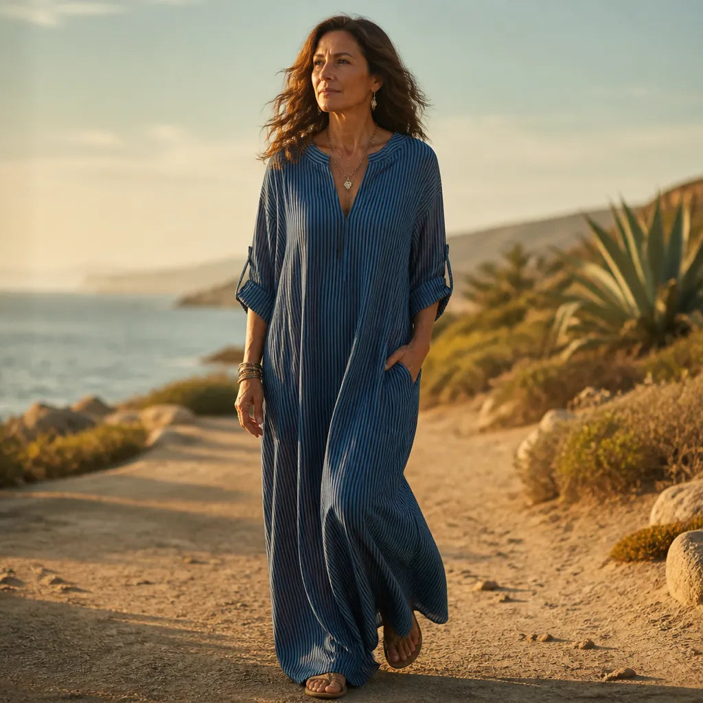 Vestara – Boho Striped V-Neck Maxi Dress with Pockets, Long Sleeves