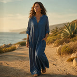 Vestara – Boho Striped V-Neck Maxi Dress with Pockets, Long Sleeves