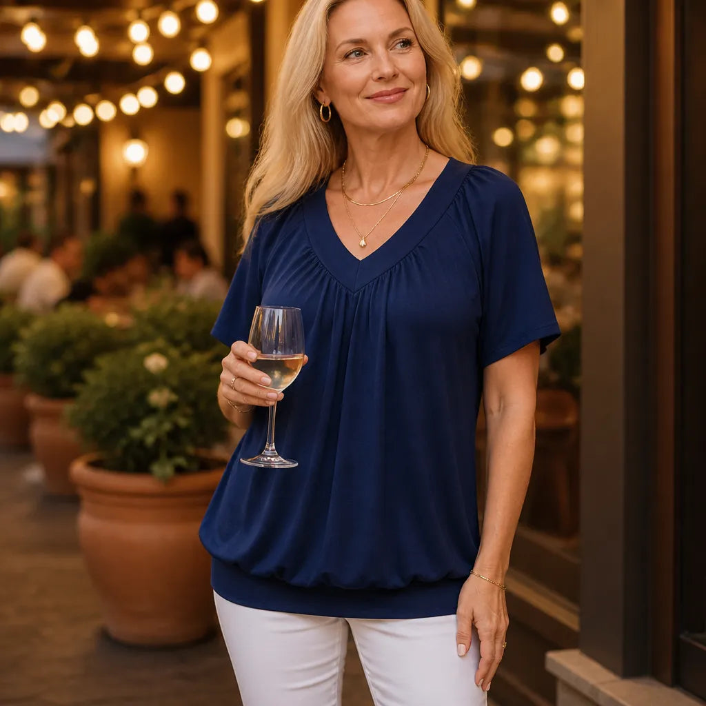 Velora – Pleated V-Neck Tunic Top for Women, Soft Drape Casual Blouse