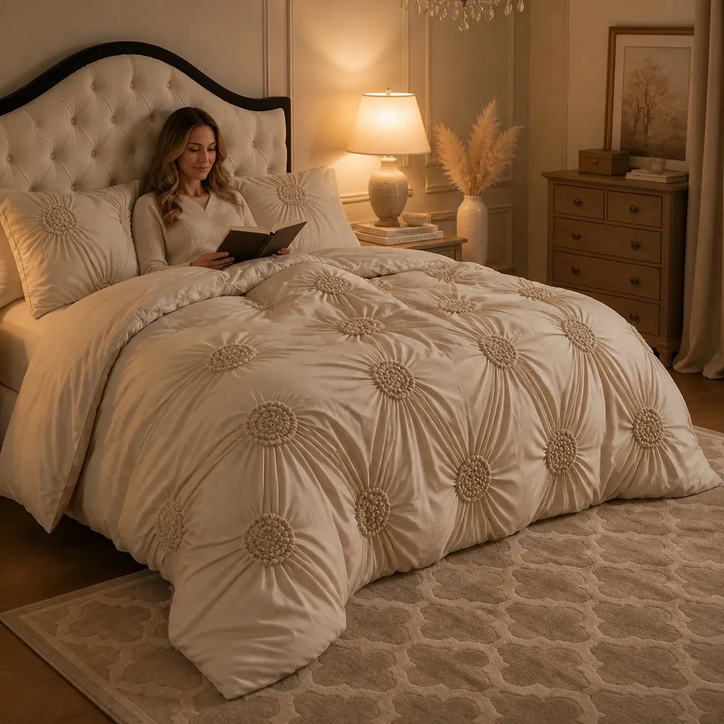Lunavia – Ivory Tufted Rosette Comforter Cover Set with Shams